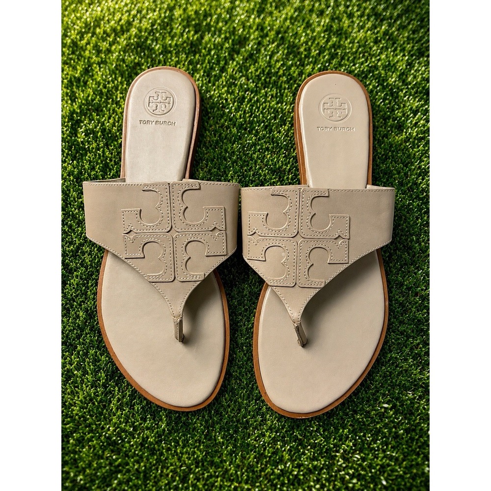 Tory Burch Womens Leather Thong Sandals Taupe Beige Size 8M Embossed Logo